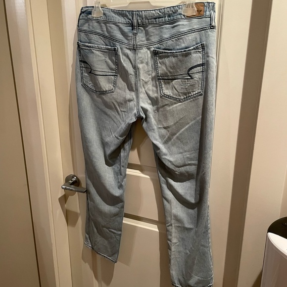 American Eagle Distressed Denim Button Fly Blue Jeans Unique Patched - Picture 5 of 6